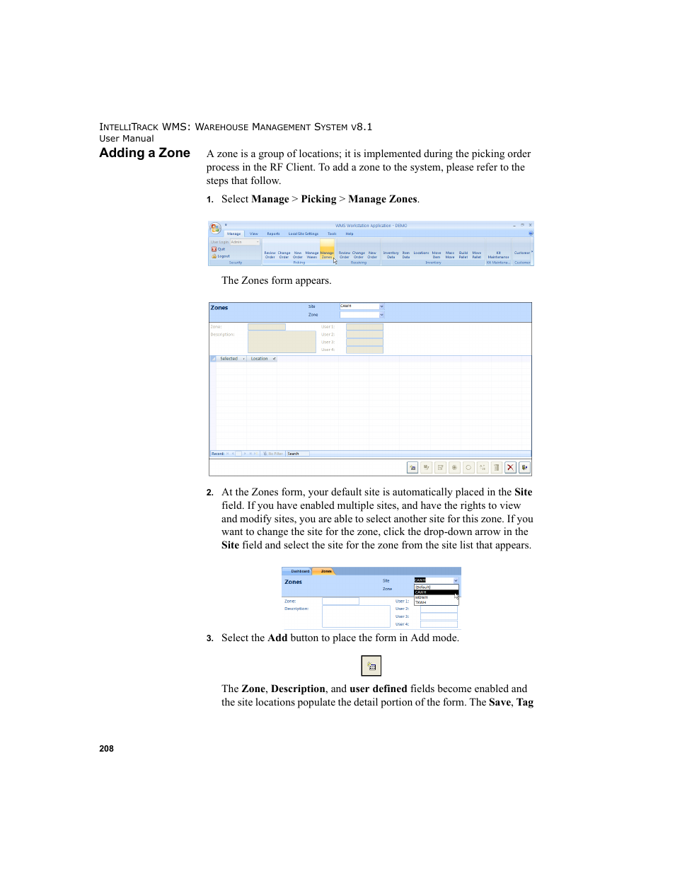 Adding a zone | IntelliTrack WMS – Warehouse Management System User Manual | Page 234 / 466