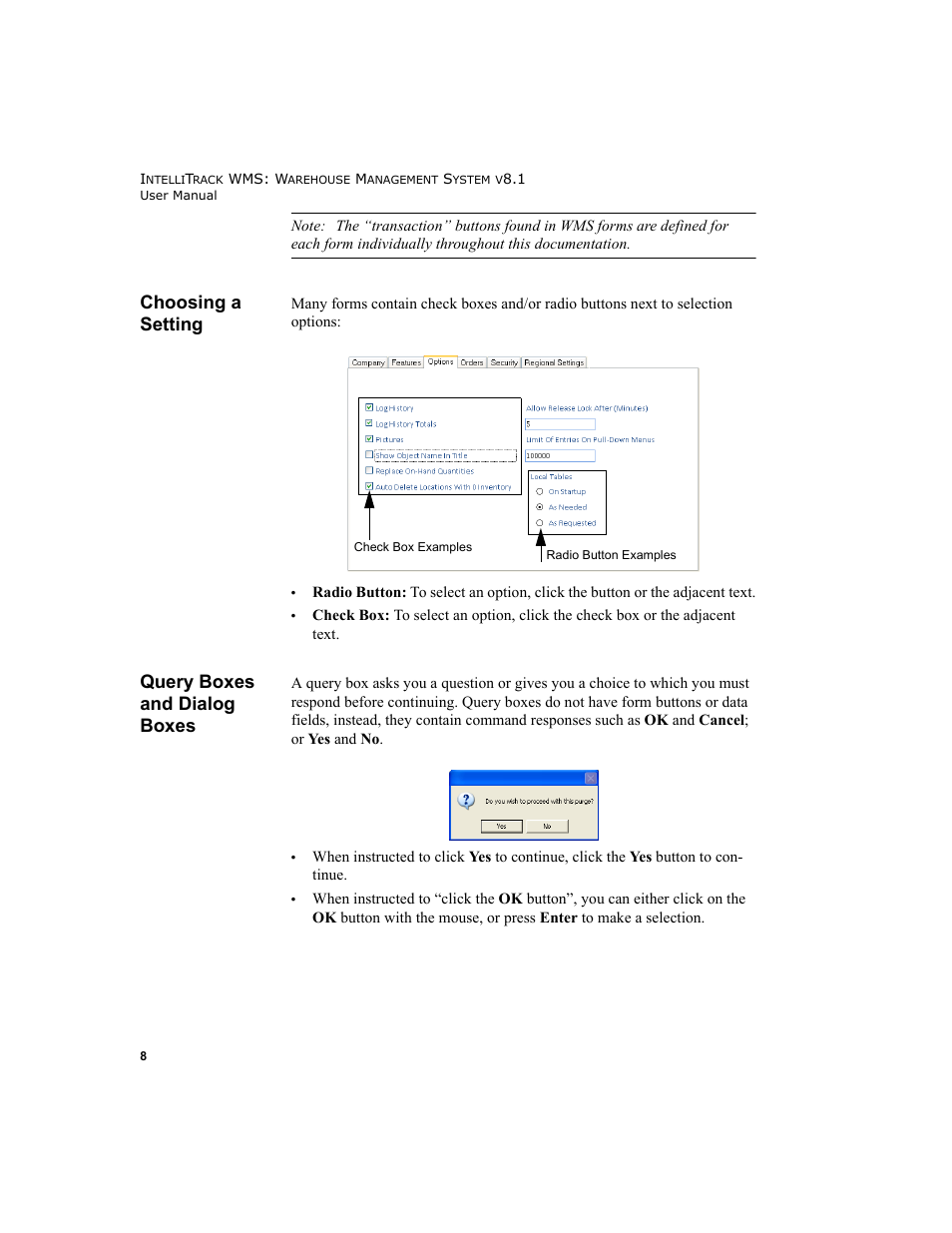 Choosing a setting, Query boxes and dialog boxes | IntelliTrack WMS – Warehouse Management System User Manual | Page 24 / 466