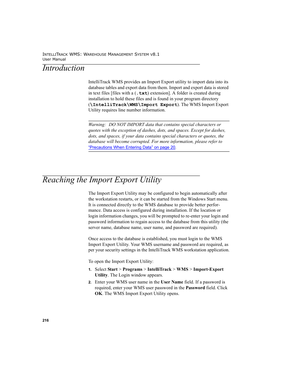Introduction, Reaching the import export utility, Introduction reaching the import export utility | IntelliTrack WMS – Warehouse Management System User Manual | Page 242 / 466
