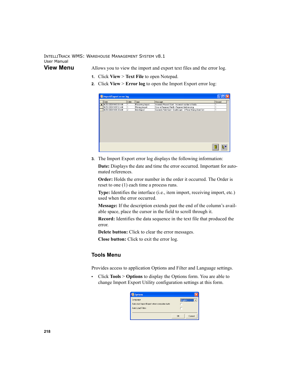 View menu, Tools menu | IntelliTrack WMS – Warehouse Management System User Manual | Page 244 / 466