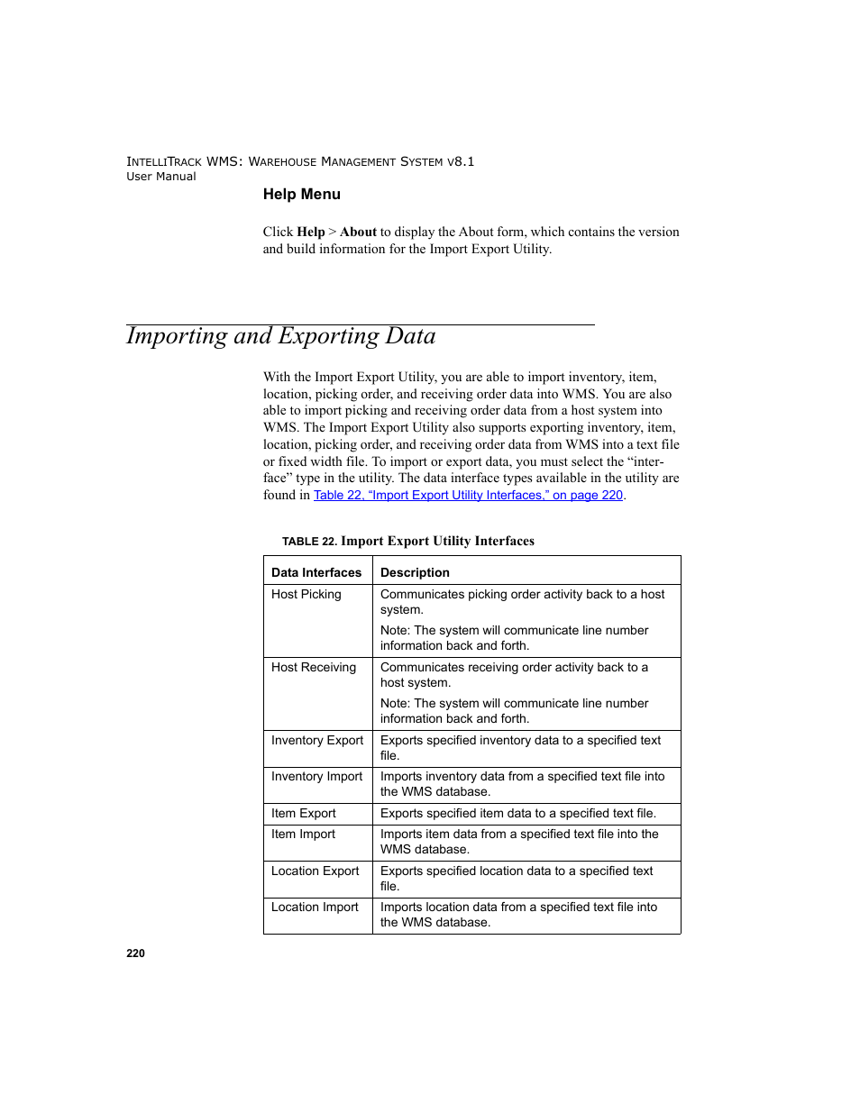 Importing and exporting data, Help menu | IntelliTrack WMS – Warehouse Management System User Manual | Page 246 / 466