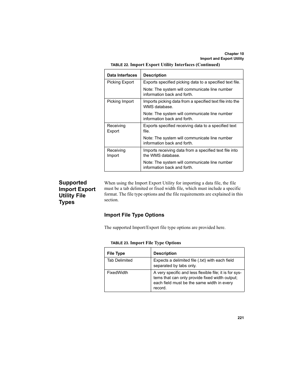 Supported import export utility file types, Import file type options | IntelliTrack WMS – Warehouse Management System User Manual | Page 247 / 466