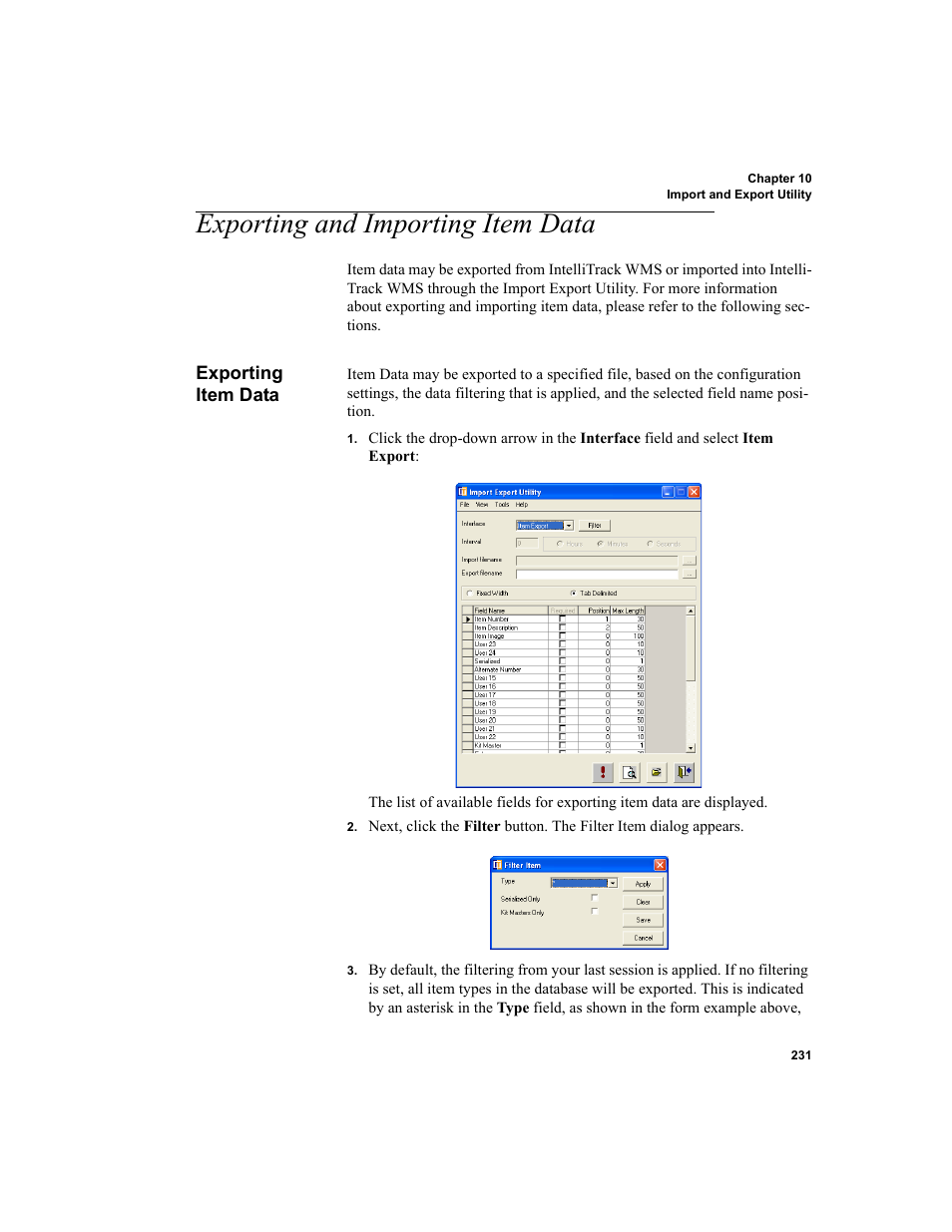 Exporting and importing item data, Exporting item data | IntelliTrack WMS – Warehouse Management System User Manual | Page 257 / 466