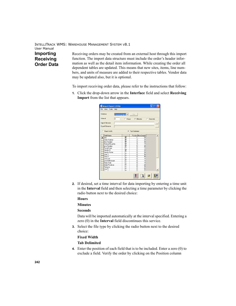 Importing receiving order data | IntelliTrack WMS – Warehouse Management System User Manual | Page 268 / 466