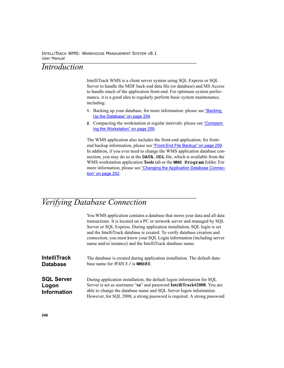 Introduction, Verifying database connection, Intellitrack database | Sql server logon information, Introduction verifying database connection, Intellitrack database sql server logon information | IntelliTrack WMS – Warehouse Management System User Manual | Page 272 / 466