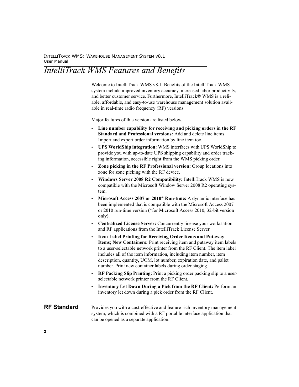 Intellitrack wms features and benefits, Rf standard | IntelliTrack WMS – Warehouse Management System User Manual | Page 28 / 466