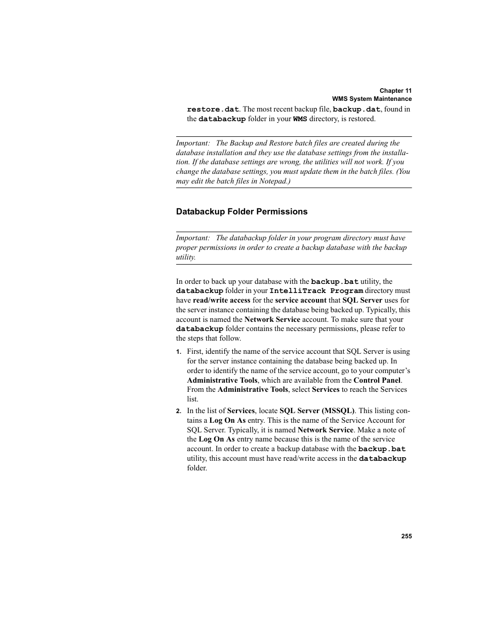 Databackup folder permissions | IntelliTrack WMS – Warehouse Management System User Manual | Page 281 / 466