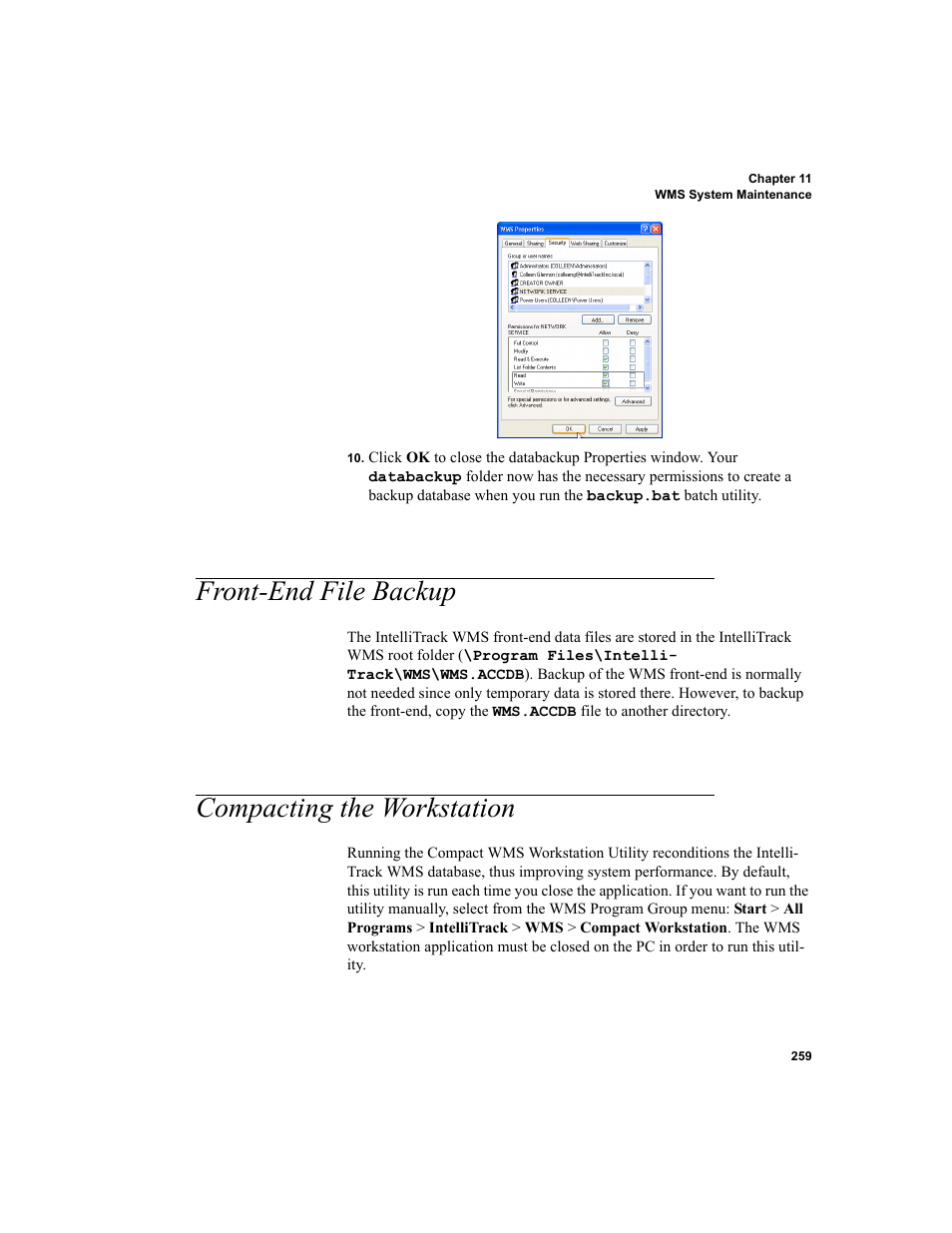 Front-end file backup, Compacting the workstation, Front-end file backup compacting the workstation | Please see, Compact | IntelliTrack WMS – Warehouse Management System User Manual | Page 285 / 466