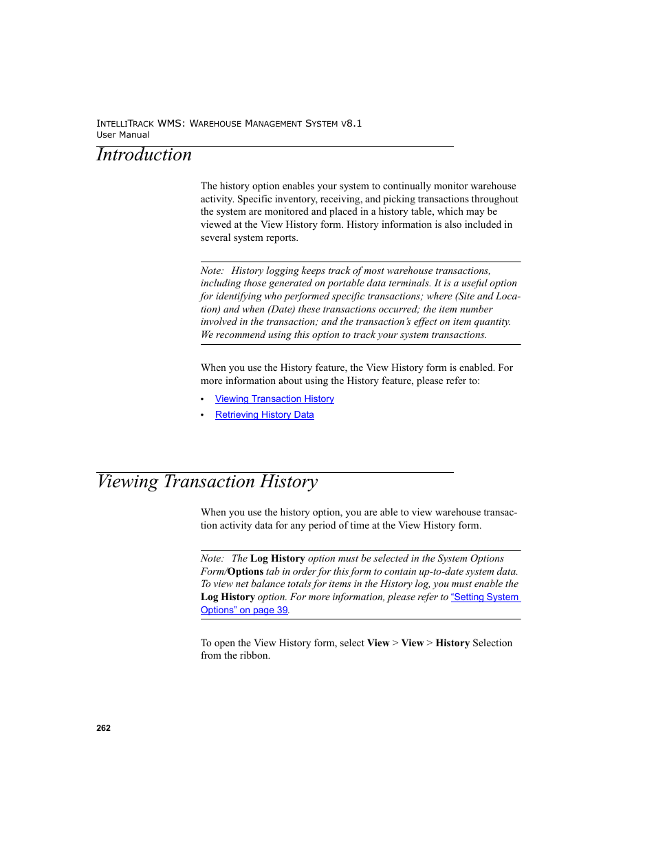Introduction, Viewing transaction history | IntelliTrack WMS – Warehouse Management System User Manual | Page 288 / 466