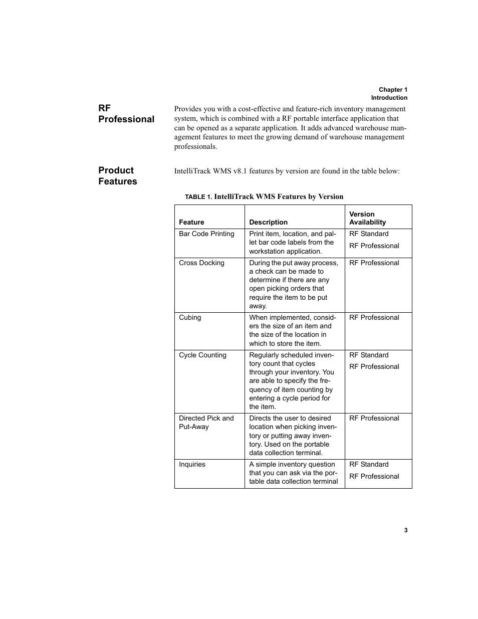 Rf professional, Product features, Rf professional product features | IntelliTrack WMS – Warehouse Management System User Manual | Page 29 / 466