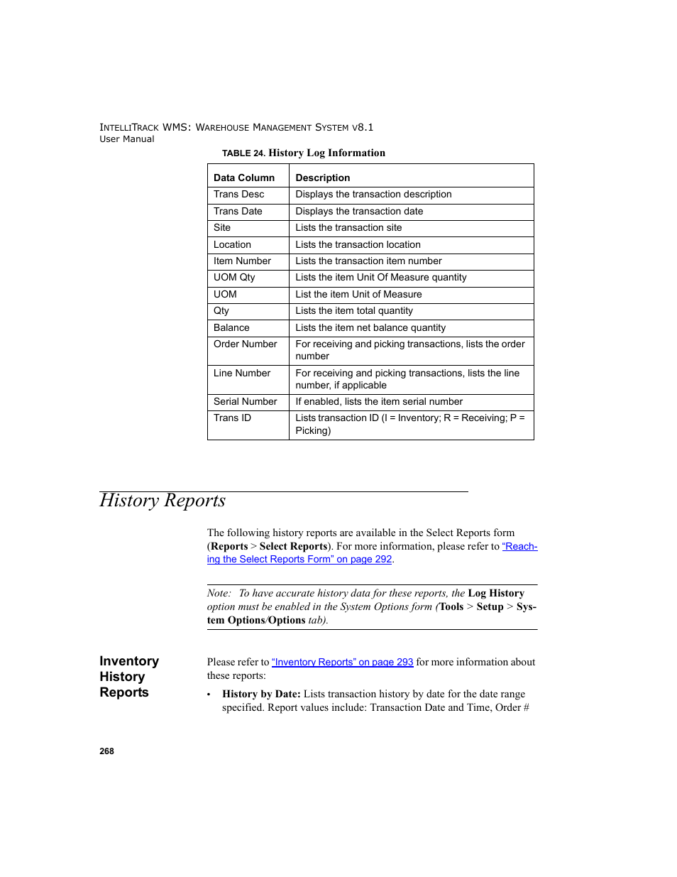 History reports, Inventory history reports | IntelliTrack WMS – Warehouse Management System User Manual | Page 294 / 466