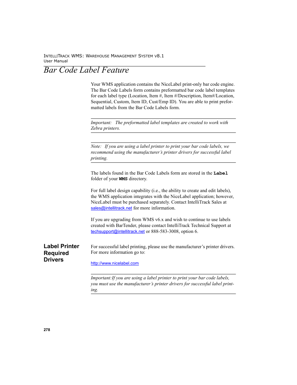 Bar code label feature, Label printer required drivers | IntelliTrack WMS – Warehouse Management System User Manual | Page 304 / 466