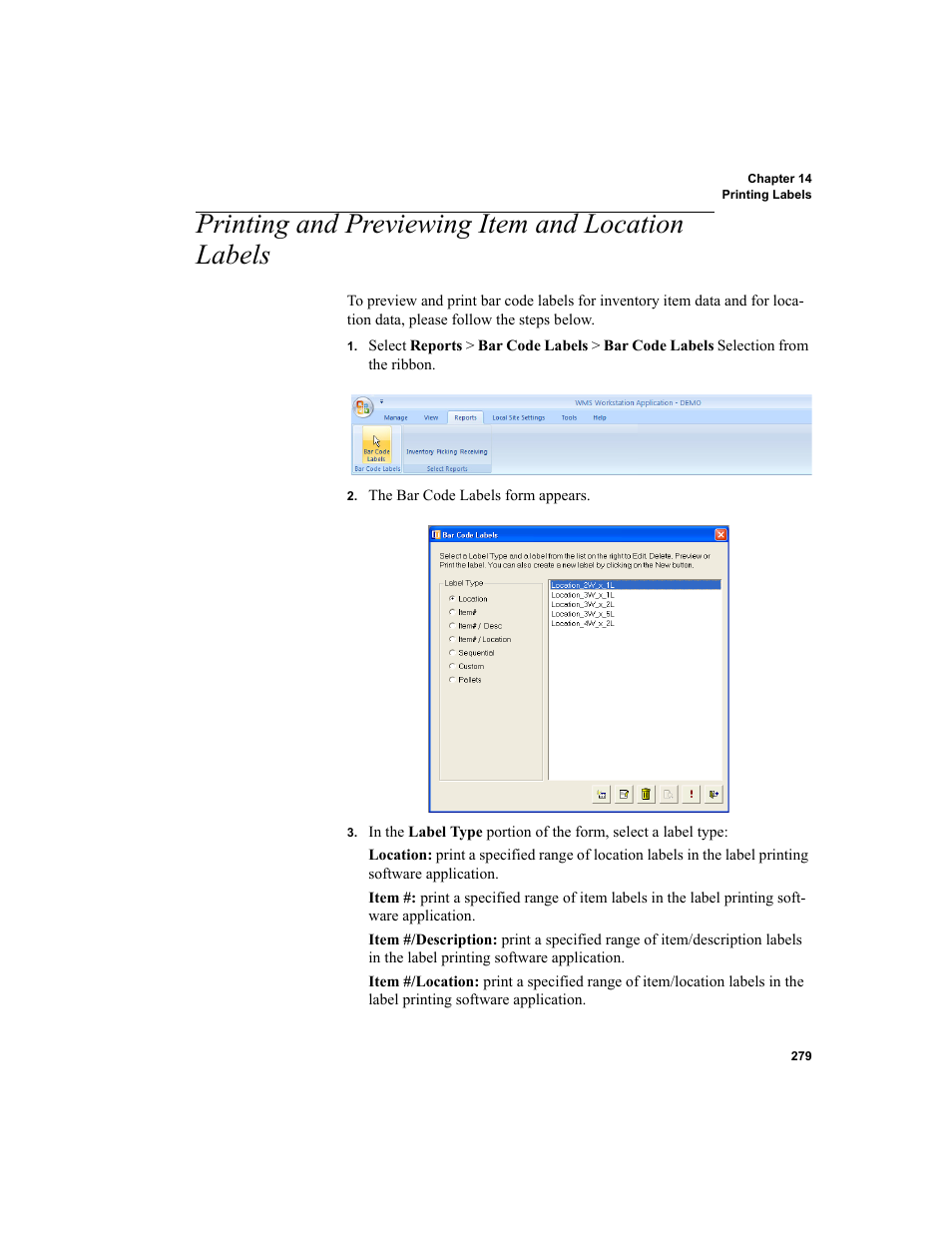 Printing and previewing item and location labels | IntelliTrack WMS – Warehouse Management System User Manual | Page 305 / 466