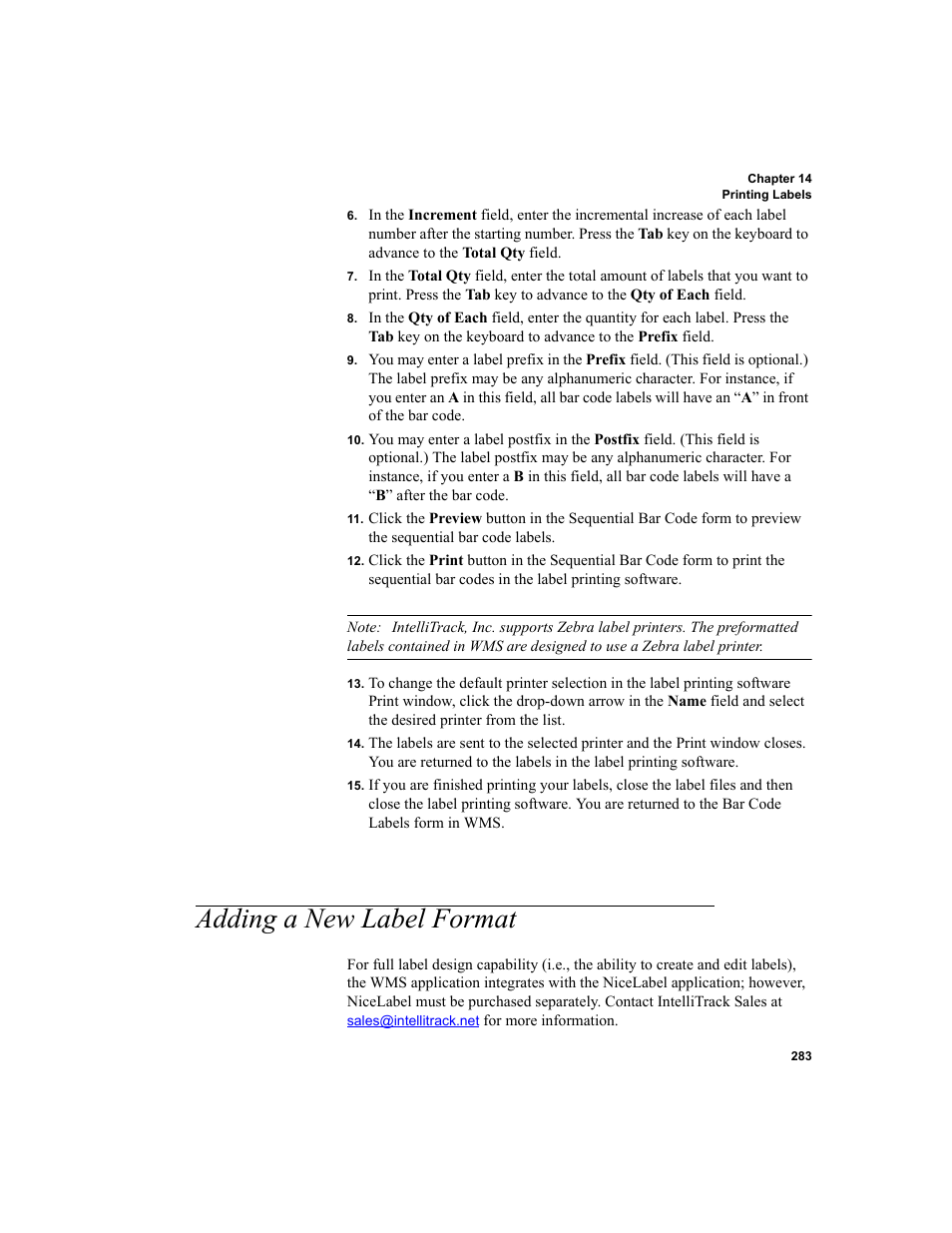 Adding a new label format | IntelliTrack WMS – Warehouse Management System User Manual | Page 309 / 466