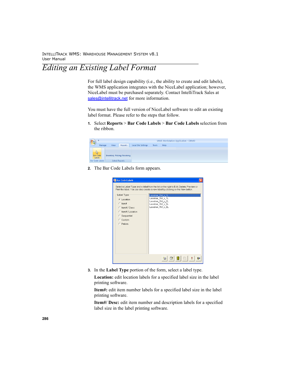Editing an existing label format | IntelliTrack WMS – Warehouse Management System User Manual | Page 312 / 466