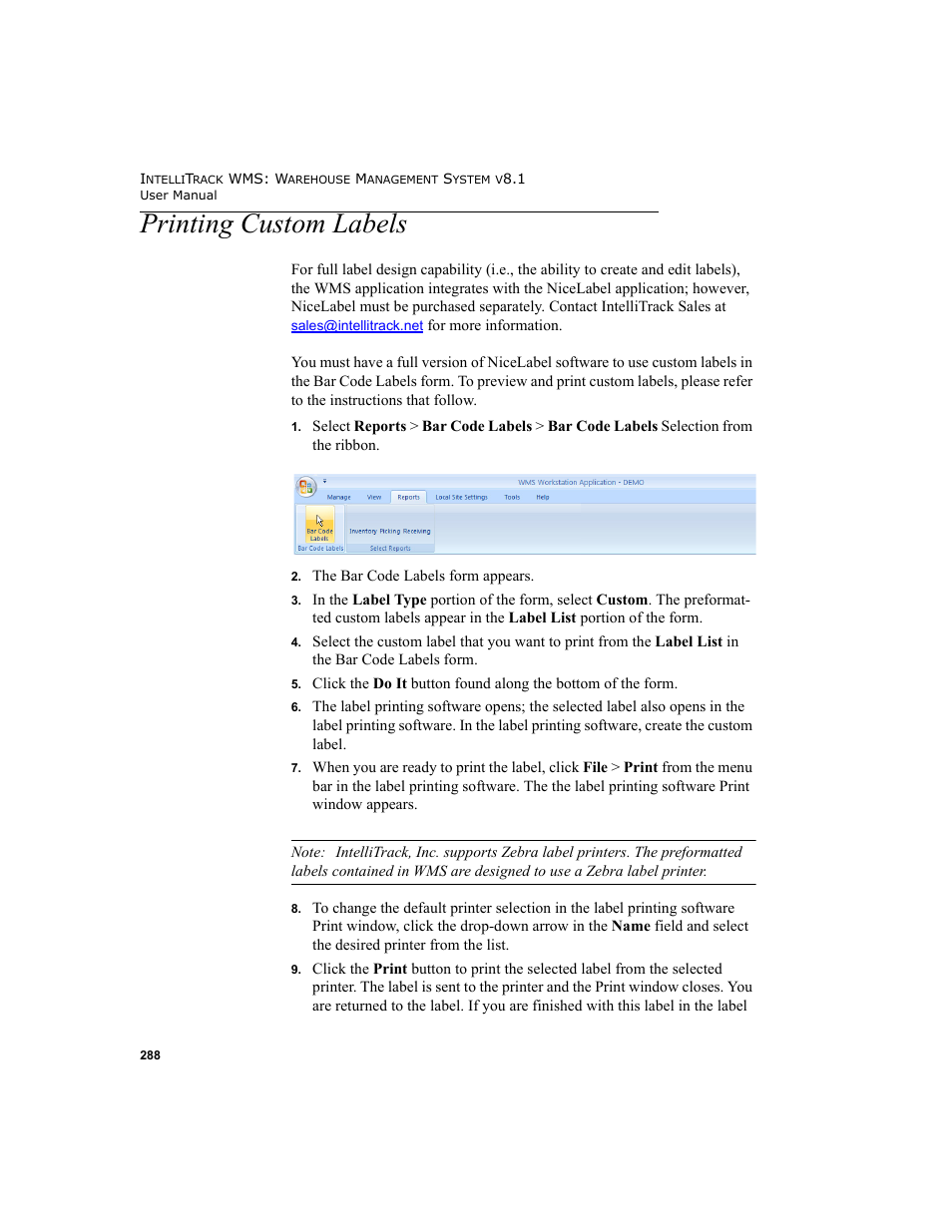 Printing custom labels | IntelliTrack WMS – Warehouse Management System User Manual | Page 314 / 466