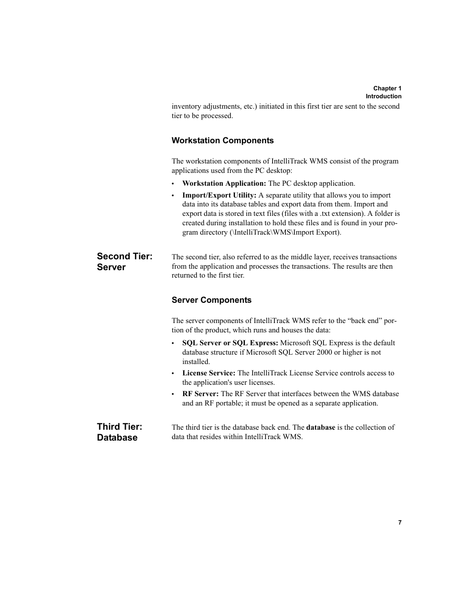Second tier: server, Third tier: database, Workstation components | Server components | IntelliTrack WMS – Warehouse Management System User Manual | Page 33 / 466