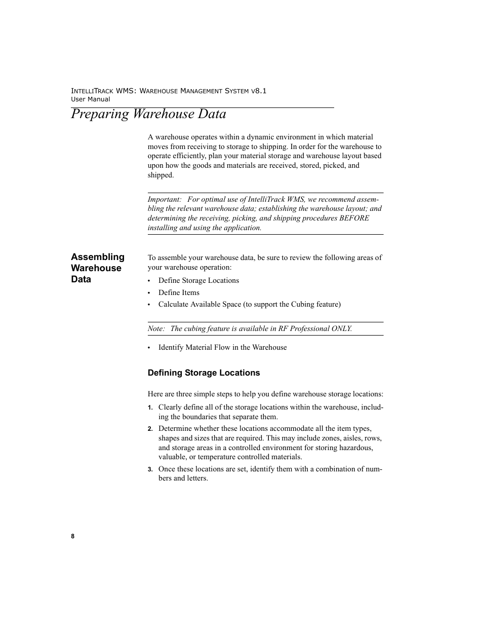 Preparing warehouse data, Assembling warehouse data, Defining storage locations | IntelliTrack WMS – Warehouse Management System User Manual | Page 34 / 466