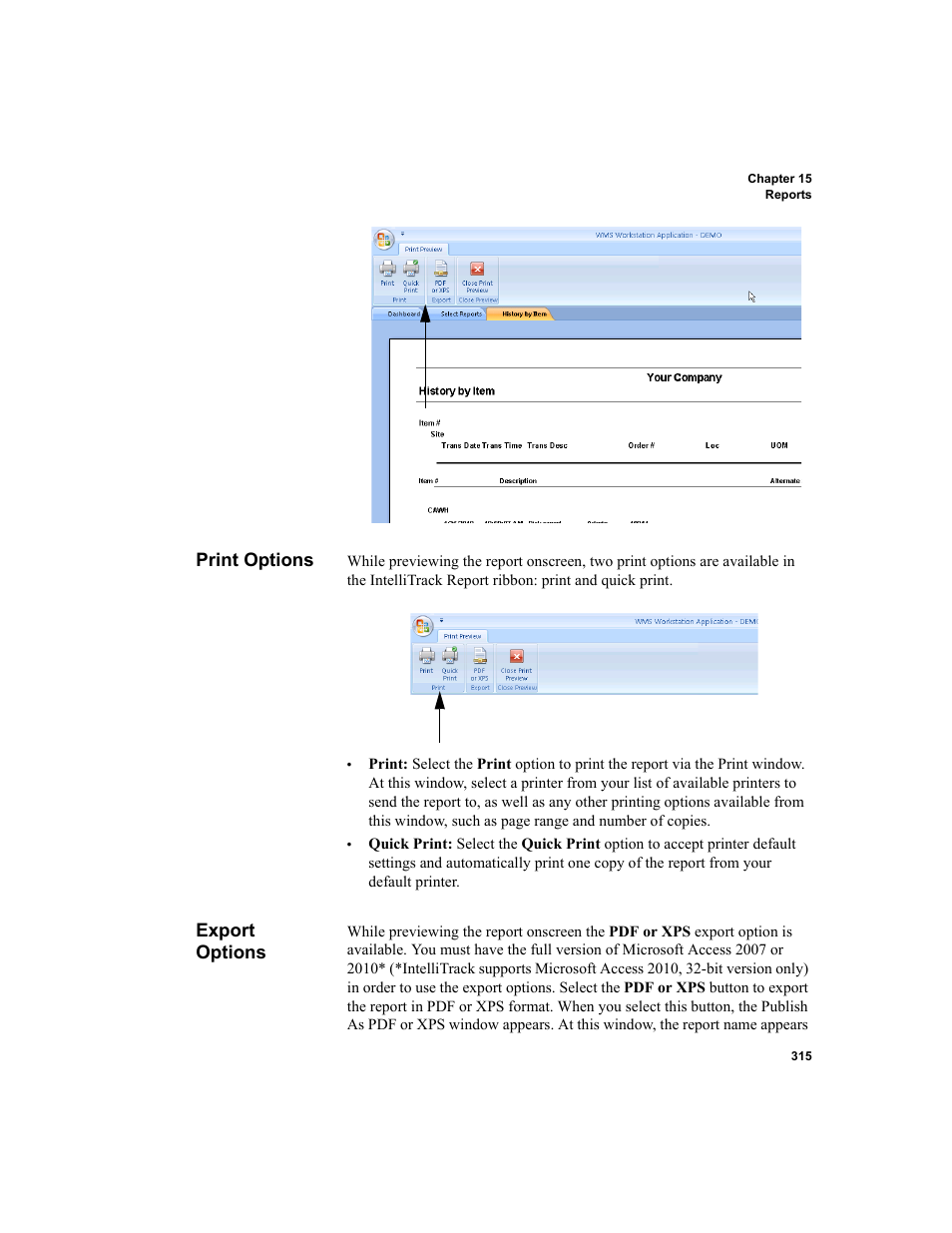 Print options, Export options, Print options export options | IntelliTrack WMS – Warehouse Management System User Manual | Page 341 / 466
