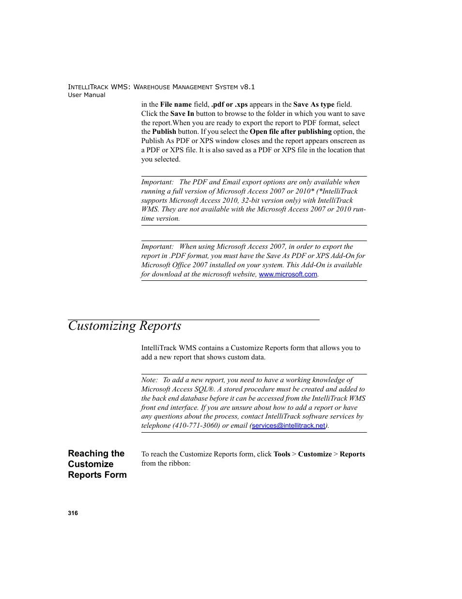 Customizing reports, Reaching the customize reports form | IntelliTrack WMS – Warehouse Management System User Manual | Page 342 / 466