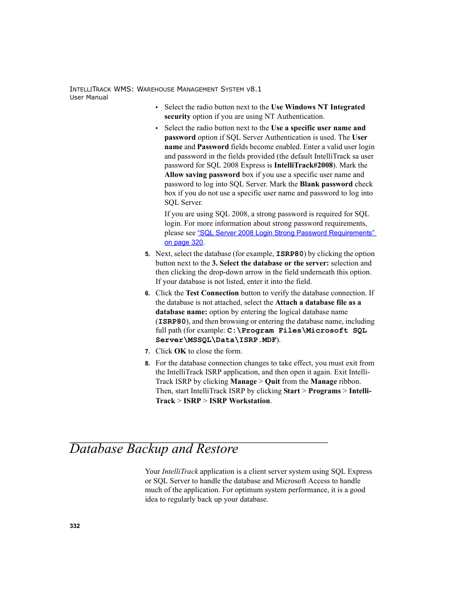 Database backup and restore | IntelliTrack WMS – Warehouse Management System User Manual | Page 358 / 466