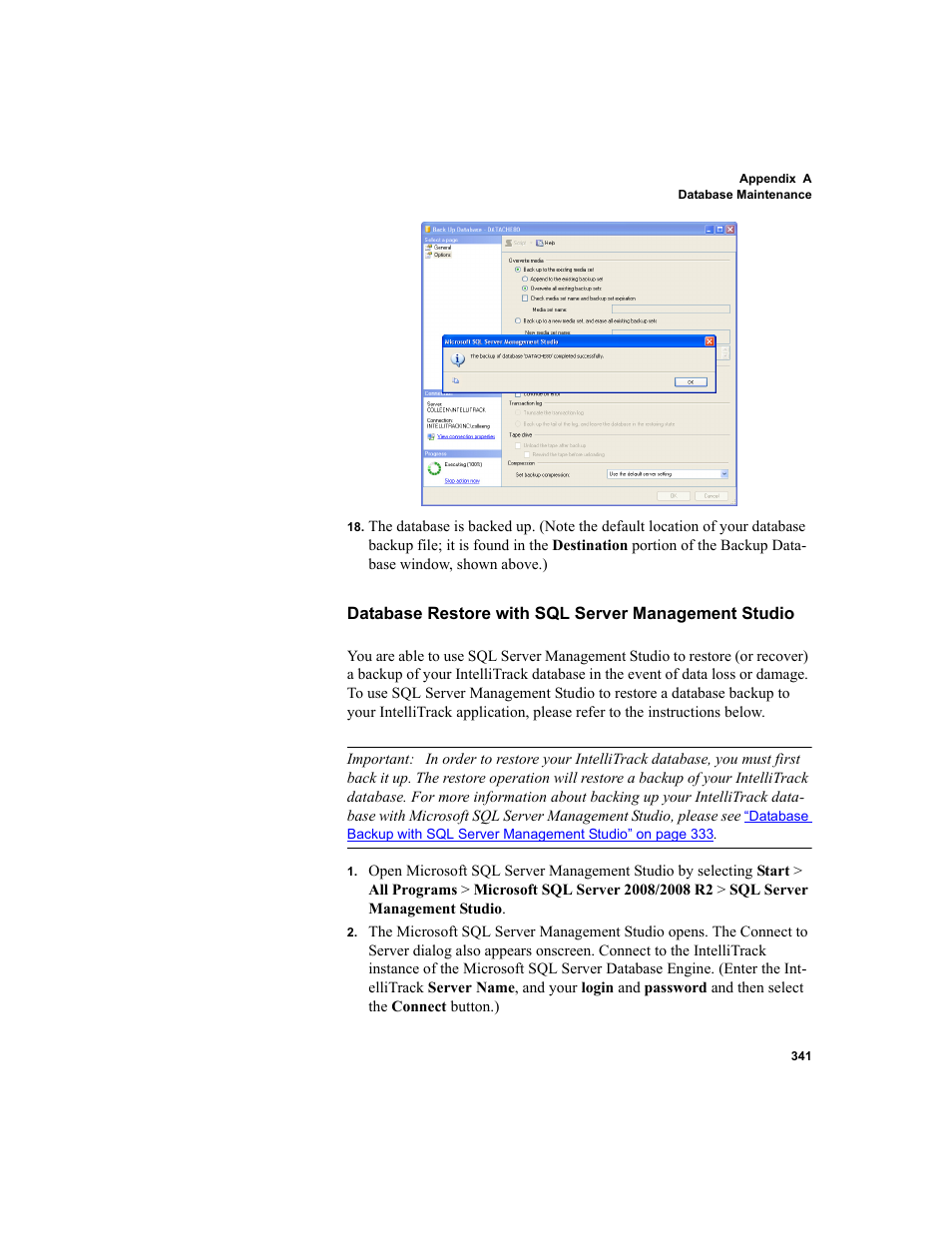 Database restore with sql server management studio | IntelliTrack WMS – Warehouse Management System User Manual | Page 367 / 466