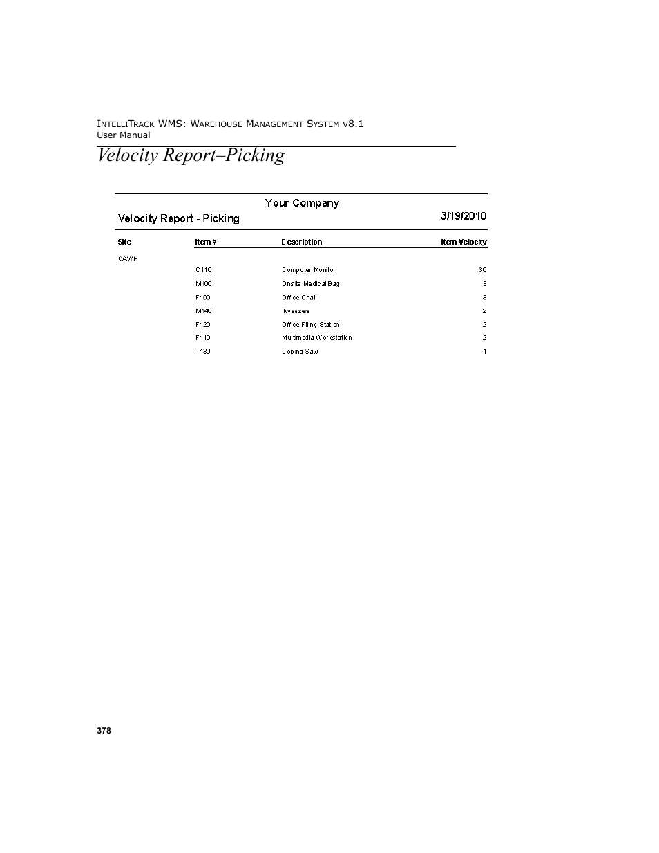 Velocity report-picking, Velocity report–picking | IntelliTrack WMS – Warehouse Management System User Manual | Page 404 / 466