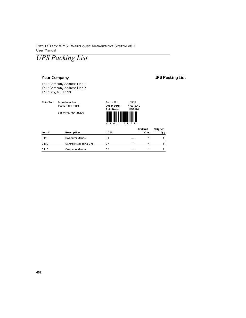 Ups packing list | IntelliTrack WMS – Warehouse Management System User Manual | Page 428 / 466