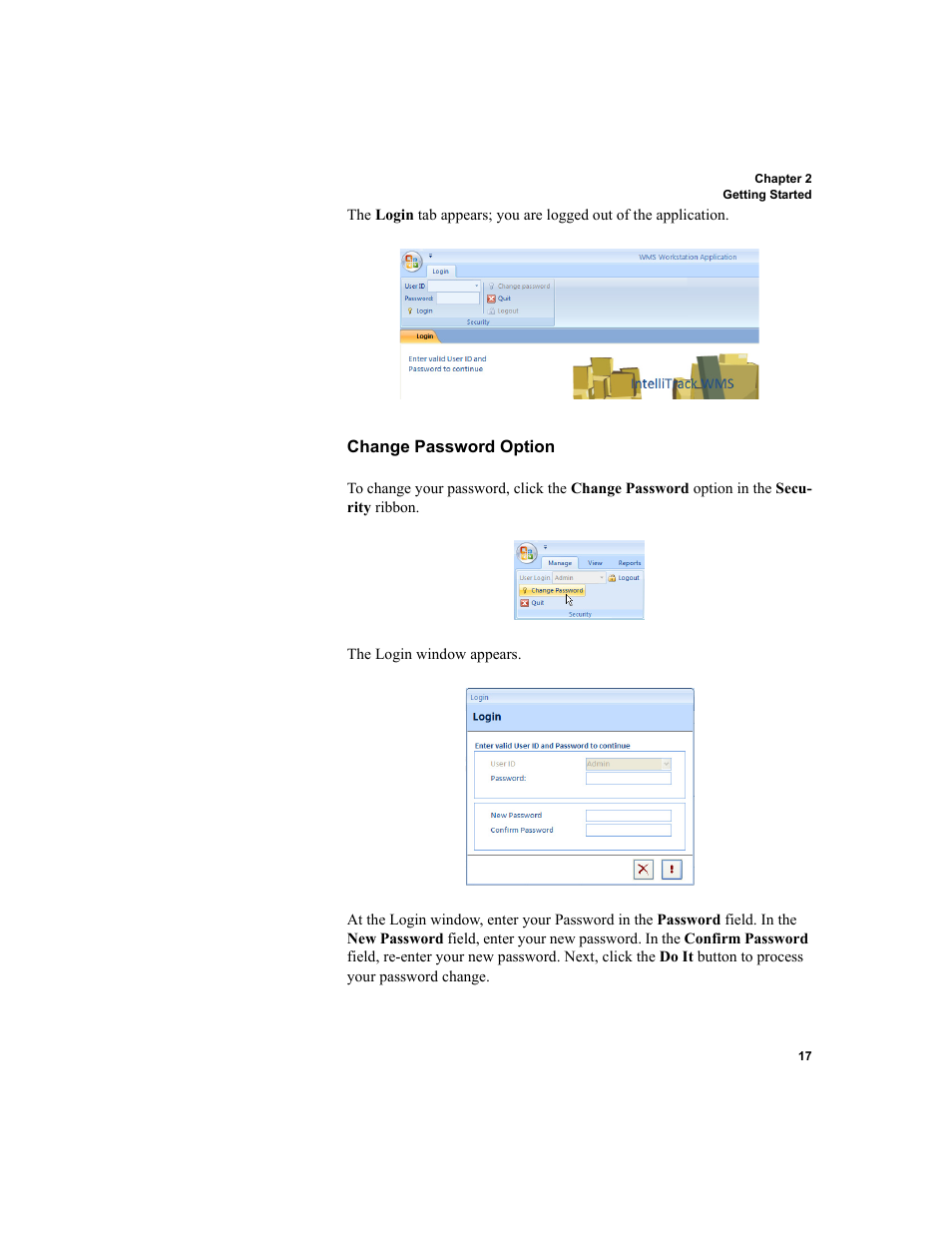 Change password option | IntelliTrack WMS – Warehouse Management System User Manual | Page 43 / 466