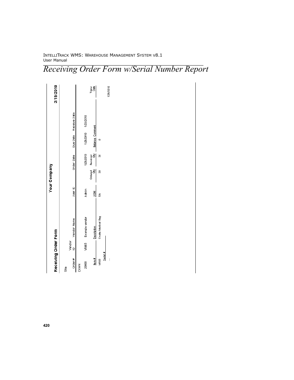 Receiving order form w/serial number report | IntelliTrack WMS – Warehouse Management System User Manual | Page 446 / 466