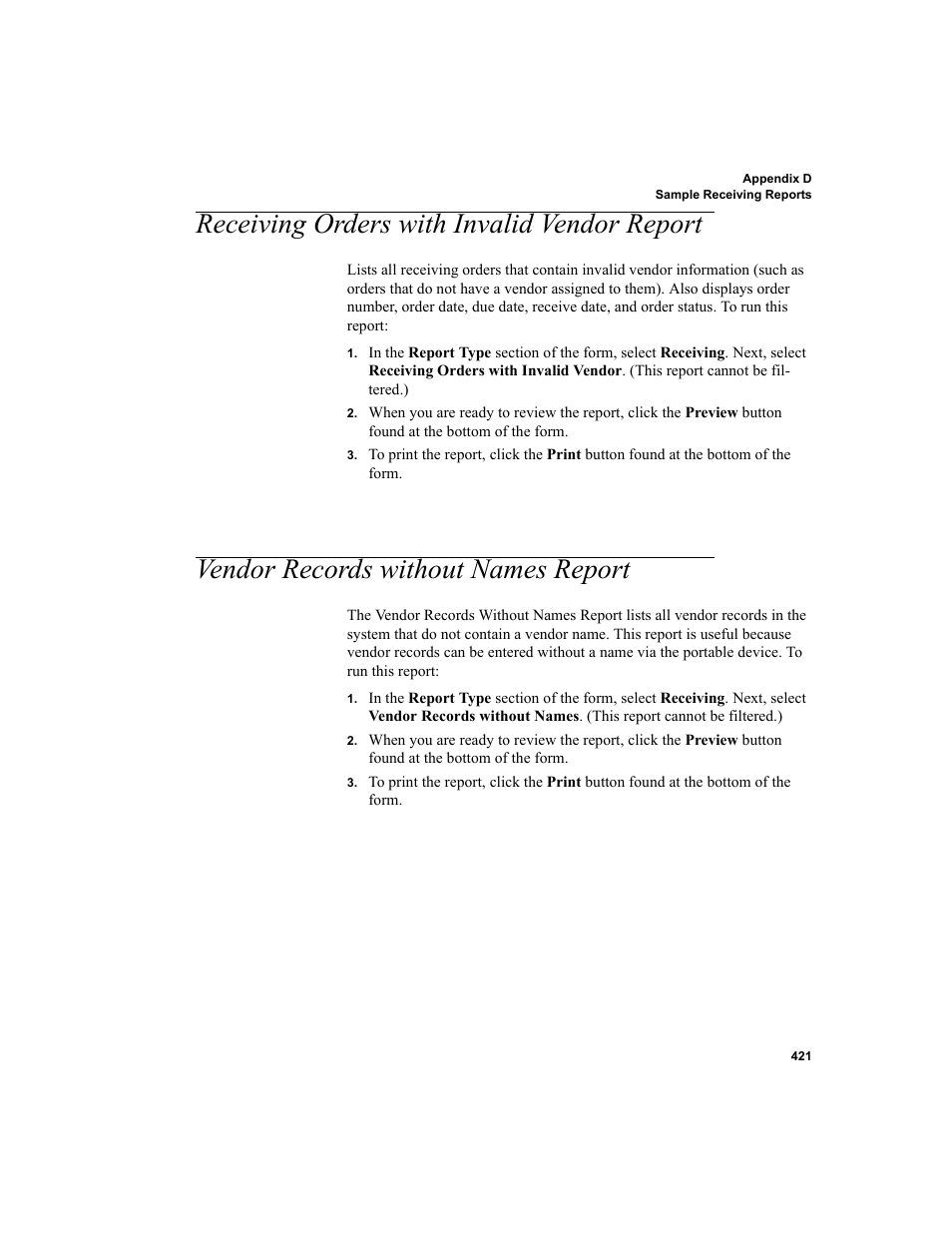 Receiving orders with invalid vendor report, Vendor records without names report | IntelliTrack WMS – Warehouse Management System User Manual | Page 447 / 466