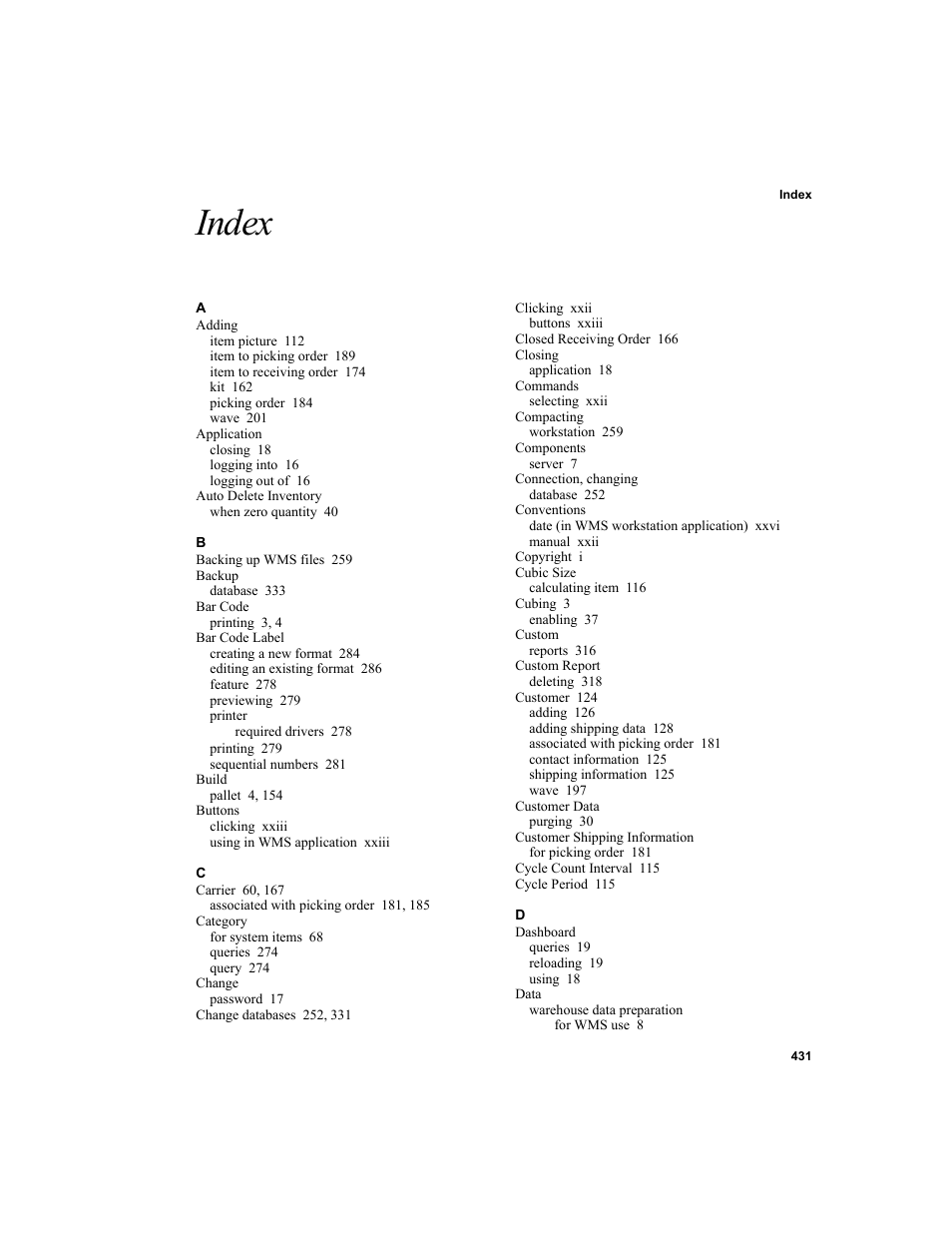 Index | IntelliTrack WMS – Warehouse Management System User Manual | Page 457 / 466