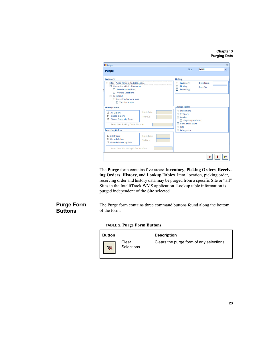 Purge form buttons | IntelliTrack WMS – Warehouse Management System User Manual | Page 49 / 466