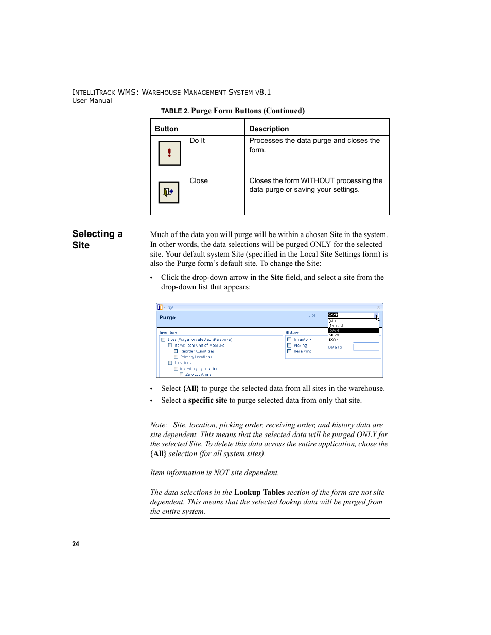 Selecting a site | IntelliTrack WMS – Warehouse Management System User Manual | Page 50 / 466