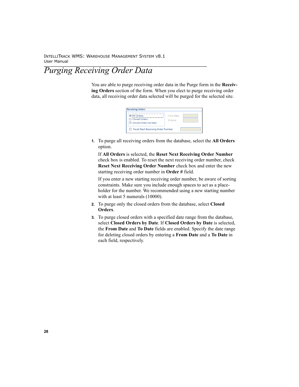 Purging receiving order data | IntelliTrack WMS – Warehouse Management System User Manual | Page 54 / 466
