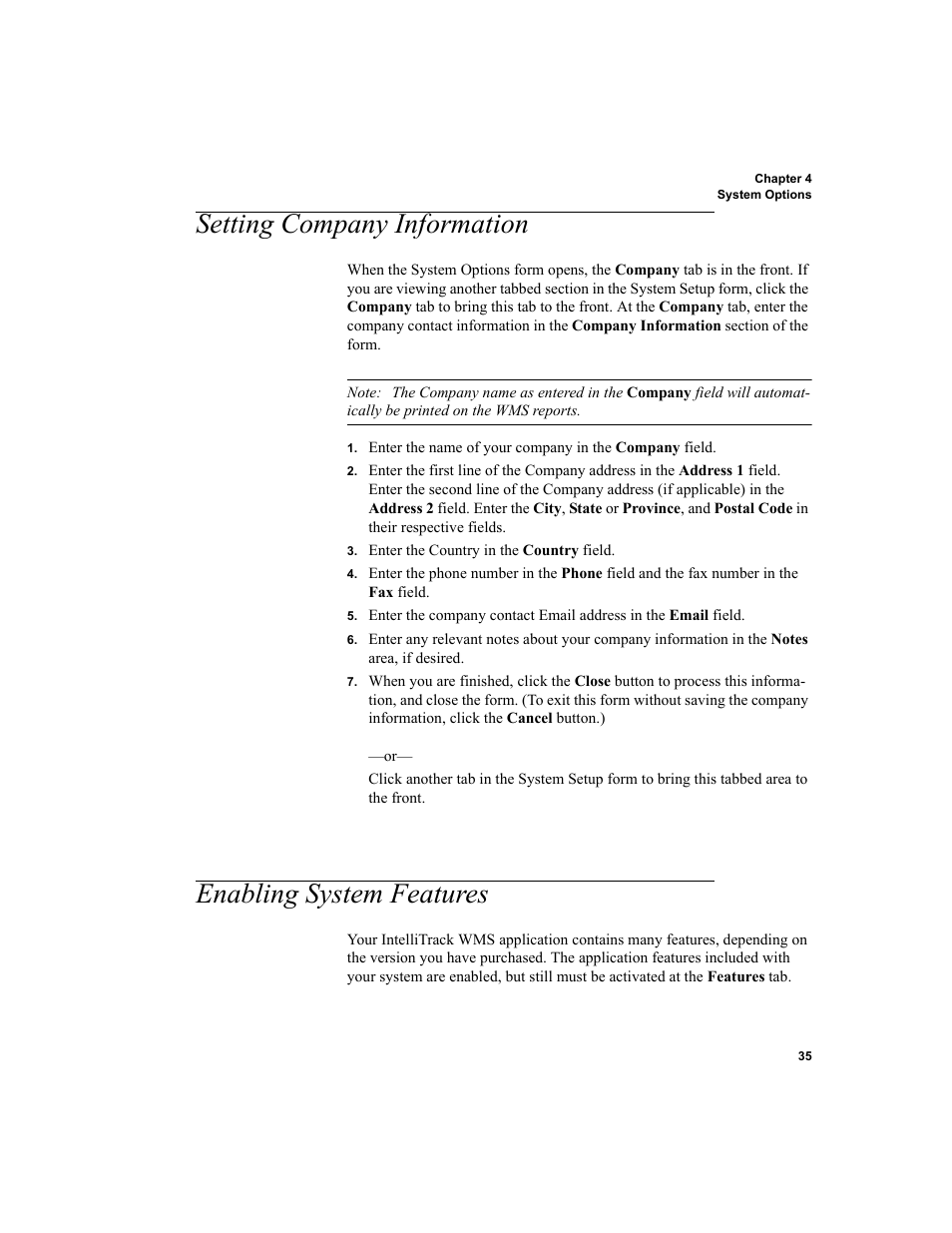 Setting company information, Enabling system features | IntelliTrack WMS – Warehouse Management System User Manual | Page 61 / 466