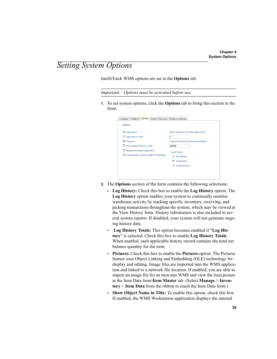 Setting system options | IntelliTrack WMS – Warehouse Management System User Manual | Page 65 / 466