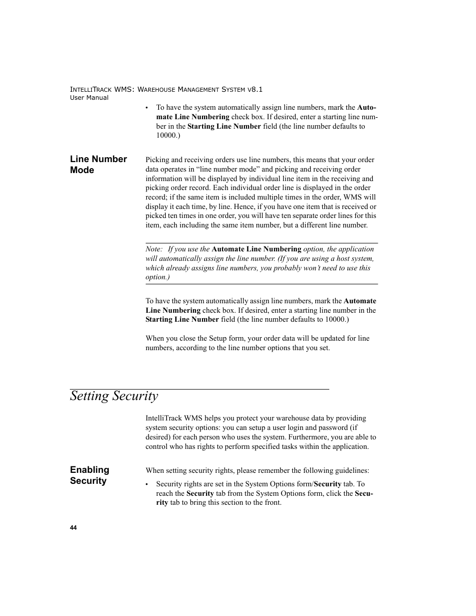 Line number mode, Setting security, Enabling security | IntelliTrack WMS – Warehouse Management System User Manual | Page 70 / 466