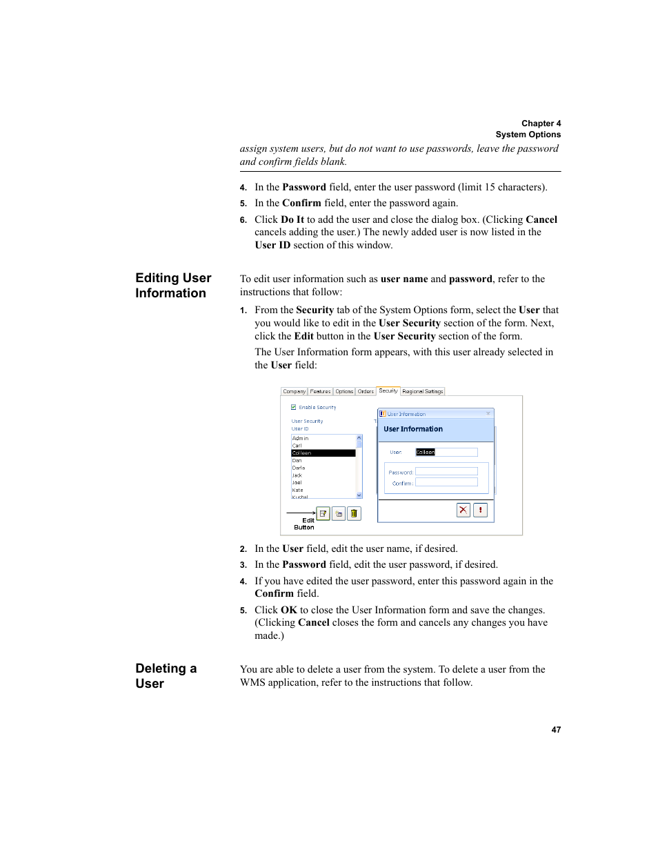 Editing user information, Deleting a user, Editing user information deleting a user | IntelliTrack WMS – Warehouse Management System User Manual | Page 73 / 466