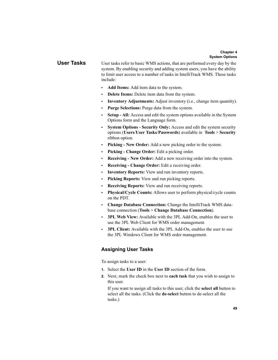 User tasks, Assigning user tasks | IntelliTrack WMS – Warehouse Management System User Manual | Page 75 / 466