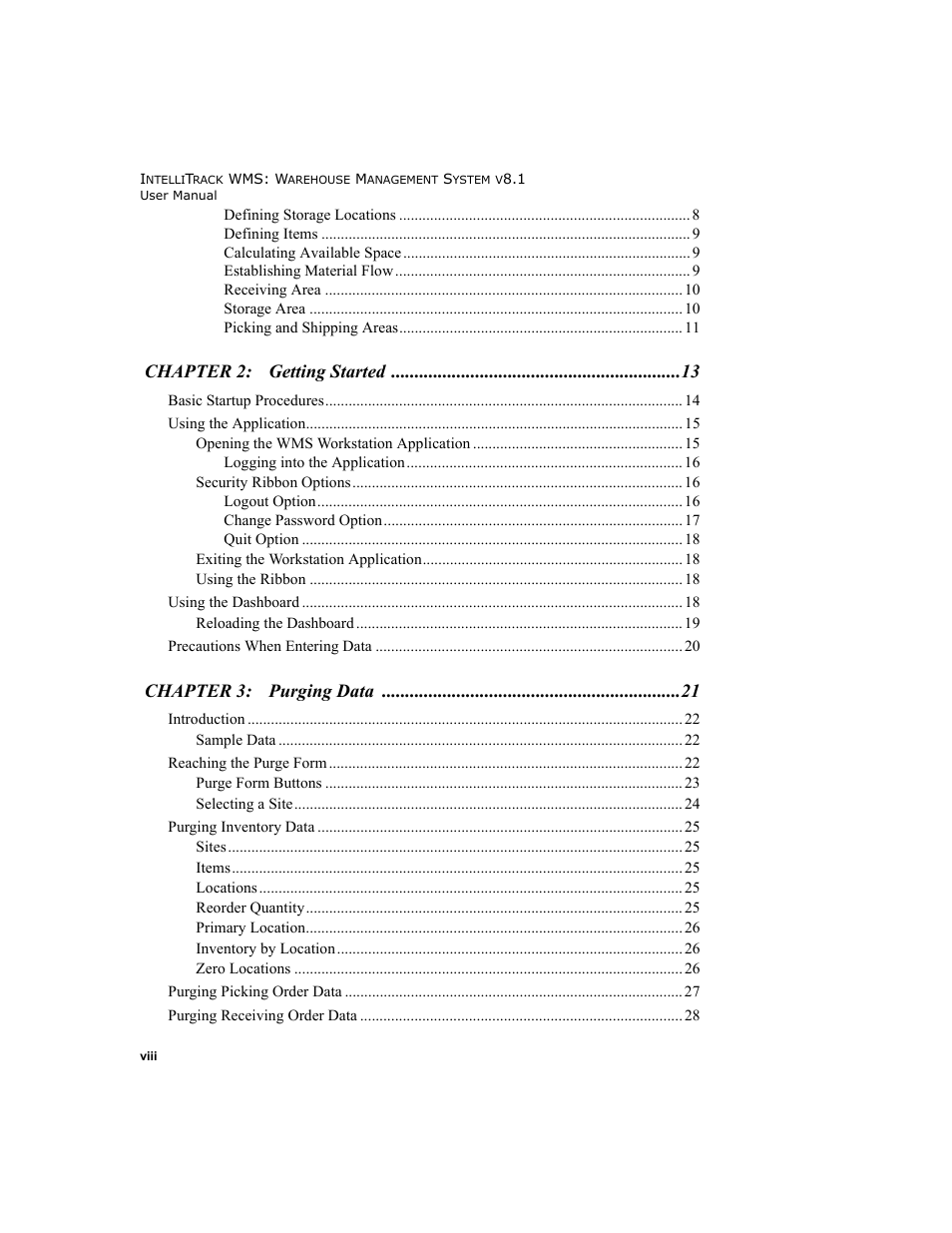 Chapter 2: getting started, Chapter 3: purging data | IntelliTrack WMS – Warehouse Management System User Manual | Page 8 / 466