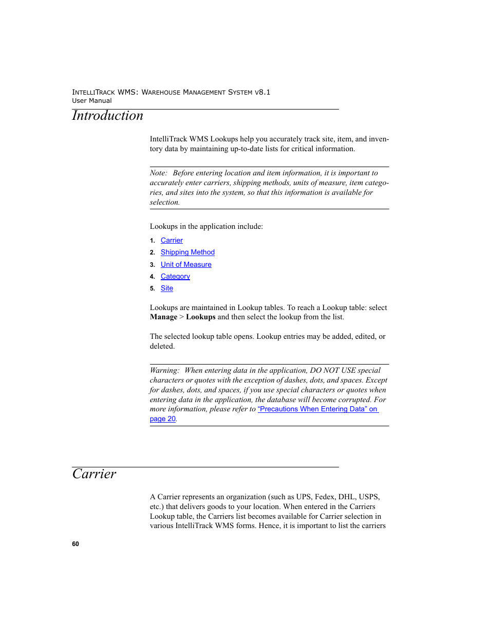 Introduction, Carrier, Introduction carrier | IntelliTrack WMS – Warehouse Management System User Manual | Page 86 / 466