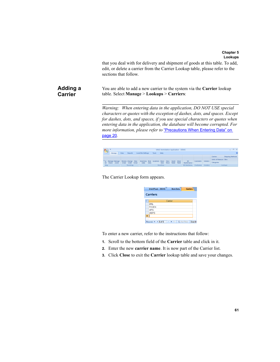 Adding a carrier | IntelliTrack WMS – Warehouse Management System User Manual | Page 87 / 466
