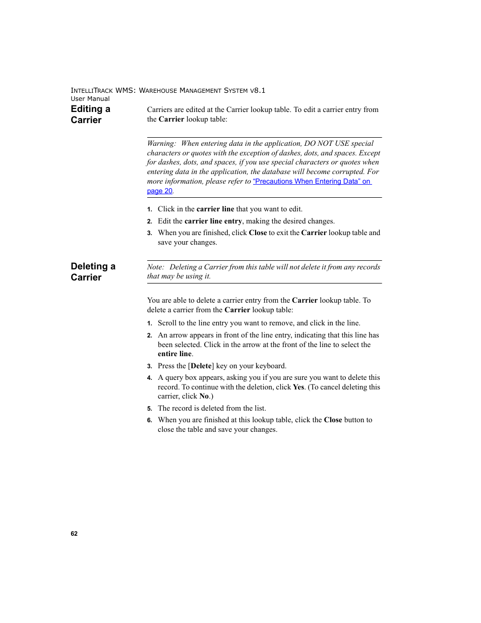 Editing a carrier, Deleting a carrier, Editing a carrier deleting a carrier | IntelliTrack WMS – Warehouse Management System User Manual | Page 88 / 466