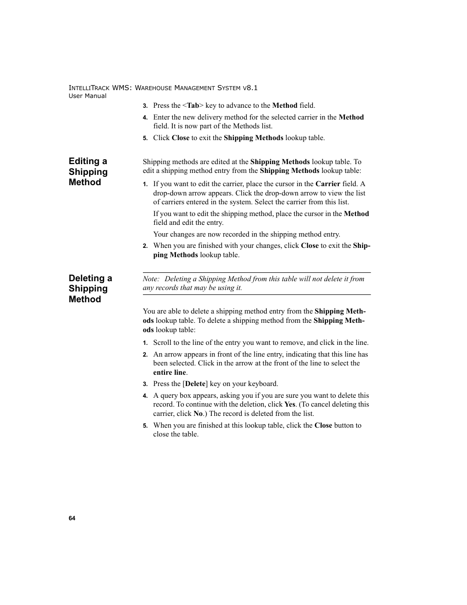 Editing a shipping method, Deleting a shipping method | IntelliTrack WMS – Warehouse Management System User Manual | Page 90 / 466