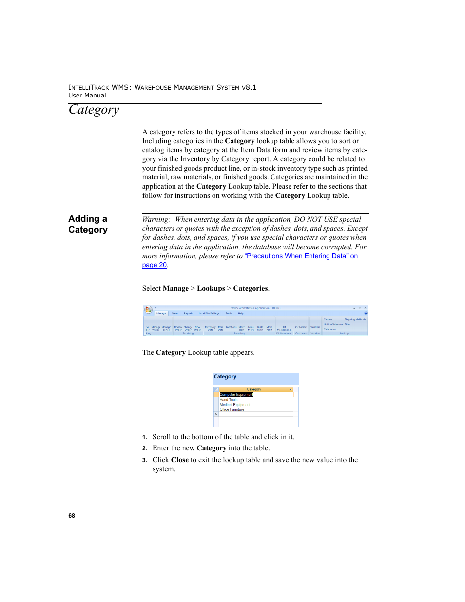 Category, Adding a category | IntelliTrack WMS – Warehouse Management System User Manual | Page 94 / 466