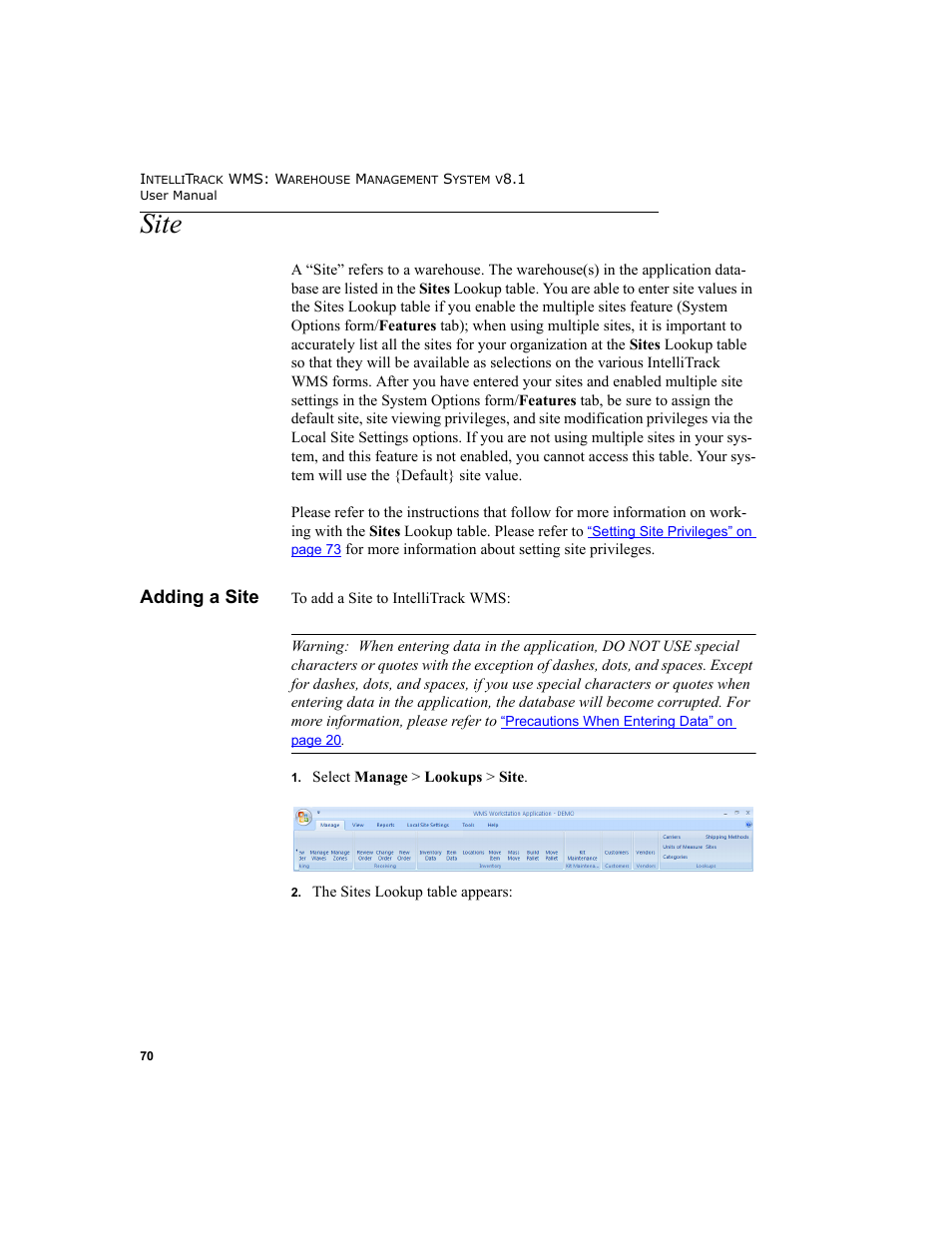 Site, Adding a site | IntelliTrack WMS – Warehouse Management System User Manual | Page 96 / 466