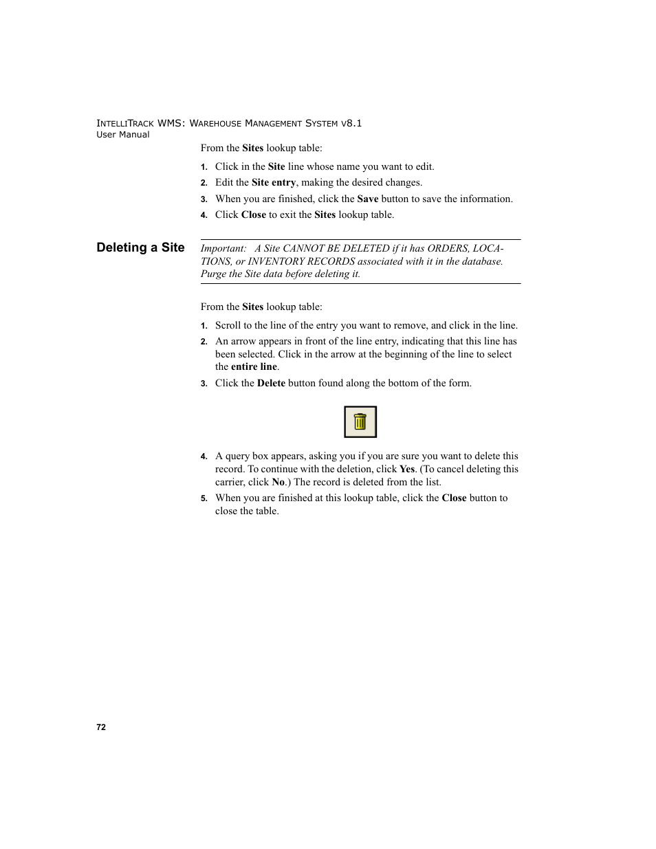 Deleting a site | IntelliTrack WMS – Warehouse Management System User Manual | Page 98 / 466