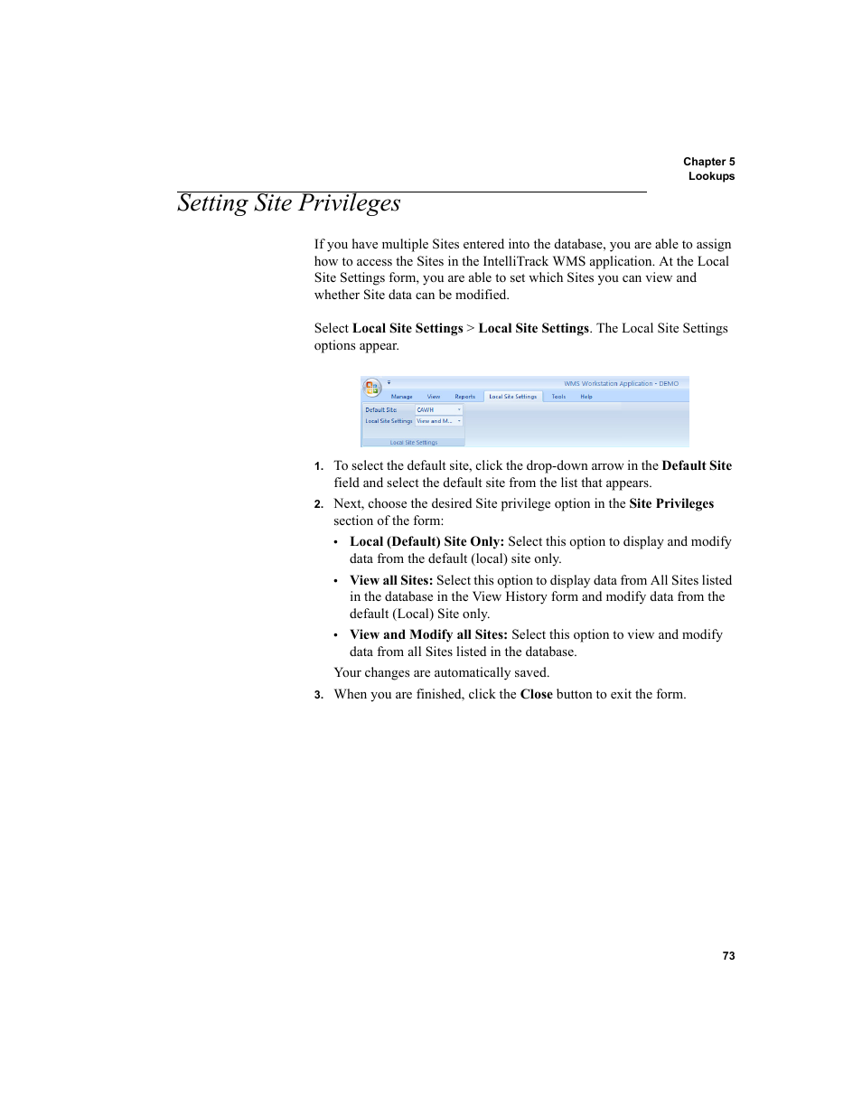 Setting site privileges, Ease refer to, Setting site privileges” on | IntelliTrack WMS – Warehouse Management System User Manual | Page 99 / 466