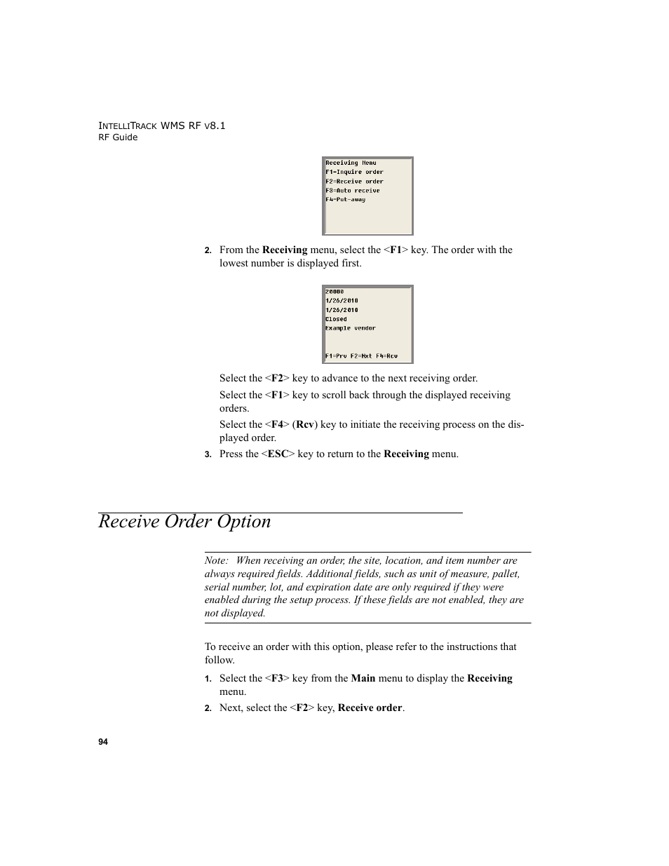 Receive order option | IntelliTrack WMS – Warehouse Management System User Manual | Page 104 / 160